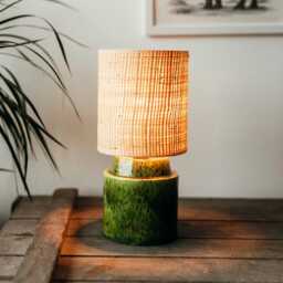 Pistachio/Green Boho Chic Handglazed-Handmade Bedside Ceramic Lamp With Raffia/Rattan Shade - thumbnail 2