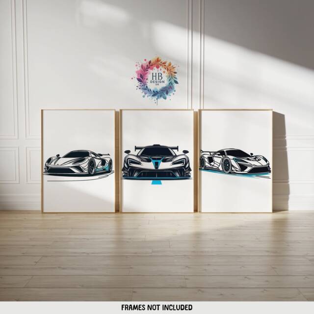 Kids Car Poster Print Set - 3 Cars Posters - Line Drawing Design Boys Room Bedroom Supercar Gifts Sports Wall Art Blue Artwork - image 1