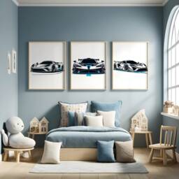 Kids Car Poster Print Set - 3 Cars Posters - Line Drawing Design Boys Room Bedroom Supercar Gifts Sports Wall Art Blue Artwork - thumbnail 2