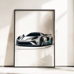 Kids Car Poster Print Set - 3 Cars Posters - Line Drawing Design Boys Room Bedroom Supercar Gifts Sports Wall Art Blue Artwork - thumbnail 3