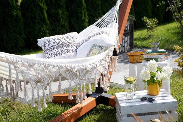 Ekru/Graphite Luxury Hammock With Macrame, Boho Brazilian Hammock, Premium Double Handmade, Cotton 150x280cm/59x110 - image 1