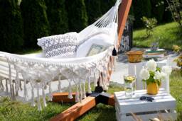 Ekru/Graphite Luxury Hammock With Macrame, Boho Brazilian Hammock, Premium Double Handmade, Cotton 150x280cm/59x110 - thumbnail 1