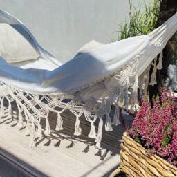 Ekru/Graphite Luxury Hammock With Macrame, Boho Brazilian Hammock, Premium Double Handmade, Cotton 150x280cm/59x110 - thumbnail 3