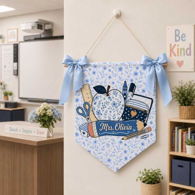 Custom Chinoiserie Teacher Pennant, Blue Floral Classroom Wall Hanging With Ribbon - image 1
