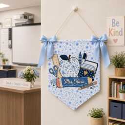 Custom Chinoiserie Teacher Pennant, Blue Floral Classroom Wall Hanging With Ribbon