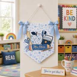 Custom Chinoiserie Teacher Pennant, Blue Floral Classroom Wall Hanging With Ribbon - thumbnail 4