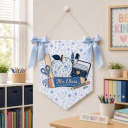 Custom Chinoiserie Teacher Pennant, Blue Floral Classroom Wall Hanging With Ribbon - thumbnail 2