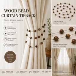 Wood Bead Curtain Tieback 1 Meter - Brown Wooden Beaded Tie Back Triple Strand Lightweight Holdback Natural Decor