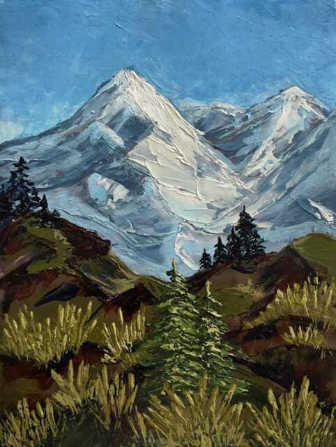 Original Impasto Acrylic Painting Snowy Mountain Peaks, 9x12 Canvas Paper - image 1