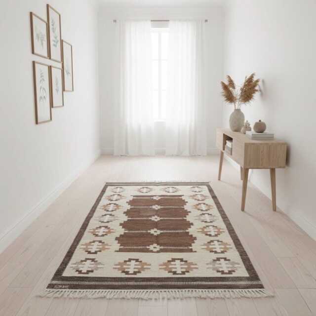 Handwoven Wool Kilim Rug - Brown Nordic Minimal Floral Flat Weave Runner - image 1