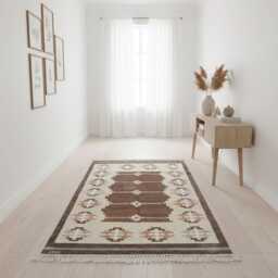 Handwoven Wool Kilim Rug - Brown Nordic Minimal Floral Flat Weave Runner - thumbnail 1