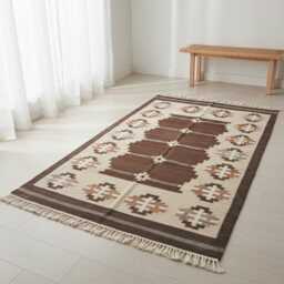 Handwoven Wool Kilim Rug - Brown Nordic Minimal Floral Flat Weave Runner - thumbnail 3