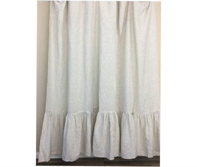 A Pair Of Natural Linen Ticking Striped Curtains With Mermaid Long Ruffles, Extra Curtains, Country Curtains Cottage Style - image 1