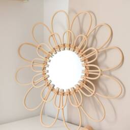 Large Bamboo Round Mirror, Boho Wicker Wall Decor, Nursery Decoration, Wood Framed Rattan Mirror - thumbnail 2