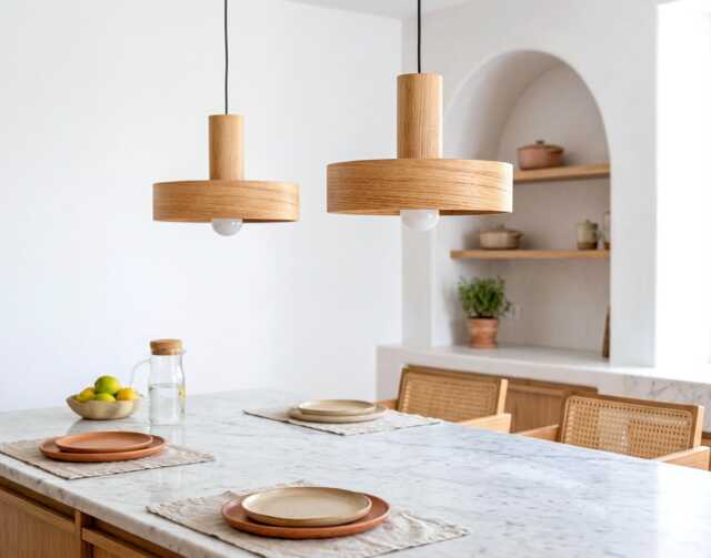 Kitchen Island Wood Pendant Light, Modern Japandi Dining Chandelier, Natural Oak Ceiling Lamp - image 1