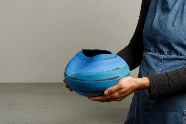Blue Sculptural Ceramic Vase, Modern Abstract Striped Flower Handmade Unique Round Pottery Decor, Bohemian Home Accent - image 1