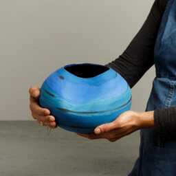 Blue Sculptural Ceramic Vase, Modern Abstract Striped Flower Handmade Unique Round Pottery Decor, Bohemian Home Accent - thumbnail 2