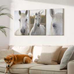 Canvas Art Set Of 3 - White Horses in Various Poses Against A Natural Background, Photo Print, Animals Wall Decor - thumbnail 2