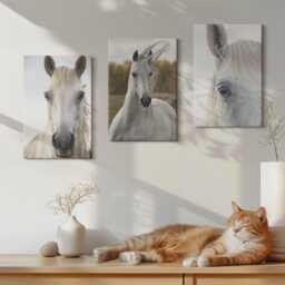 Canvas Art Set Of 3 - White Horses in Various Poses Against A Natural Background, Photo Print, Animals Wall Decor - thumbnail 1