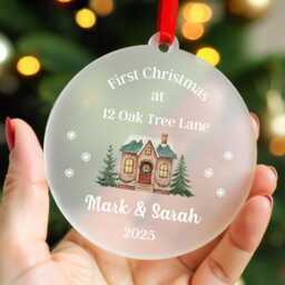 First Christmas in New Home Gift, Personalised House Ornament With Red Bag - thumbnail 1