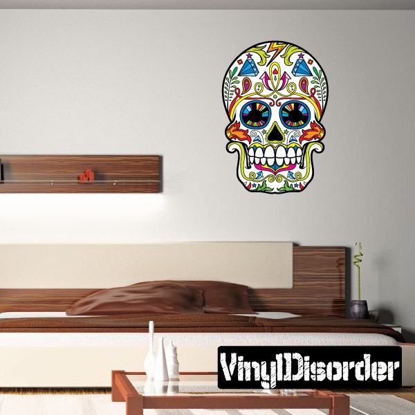 Sugar Skull Wall Decal - Fabric Vinyl Removable & Reusable Sugarskulluscolor011Et