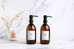 Amber Glass Soap Dispenser Set Stainless Steel Pump, Refillable Bottles - thumbnail 1