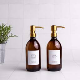 Amber Glass Soap Dispenser Set Stainless Steel Pump, Refillable Bottles - thumbnail 2