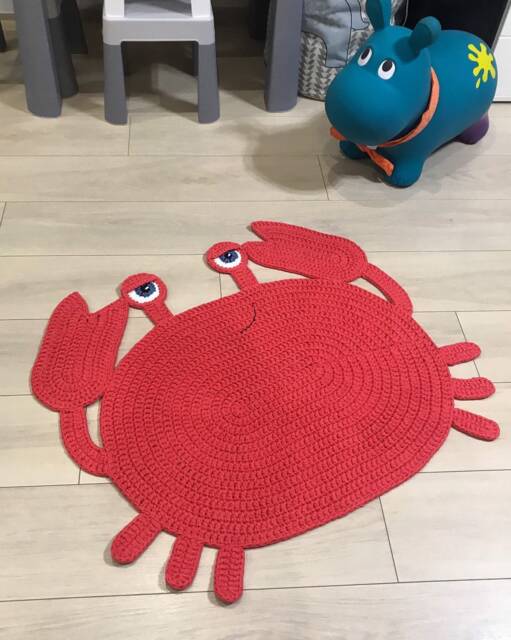 Crab Rug Kid's Mat Nursery Nautical Style Knitted Crab Crocheted Baby Room Sea Creatures Orange - image 1