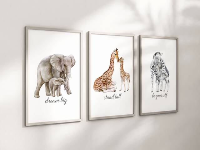Safari Elephant Giraffe Zebra Boys Girls A4 Or A3 Nursery Set Of Unframed Prints Mummy Baby Dream Big Quote Text Verse - image 1