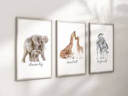 Safari Elephant Giraffe Zebra Boys Girls A4 Or A3 Nursery Set Of Unframed Prints Mummy Baby Dream Big Quote Text Verse - thumbnail 1