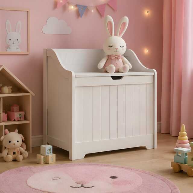 Kids Wooden Toy Storage Chest With Safety Lid - White Playroom Organizer - image 1