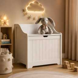 Kids Wooden Toy Storage Chest With Safety Lid - White Playroom Organizer - thumbnail 3