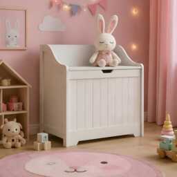 Kids Wooden Toy Storage Chest With Safety Lid - White Playroom Organizer