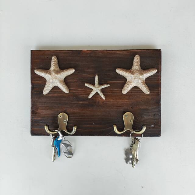 Rustic Wall Keys Holder With Golden Starfish, Dark Recycled Wood Key Hanger, Beach Cottage Entrance Decor - image 1