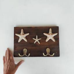 Rustic Wall Keys Holder With Golden Starfish, Dark Recycled Wood Key Hanger, Beach Cottage Entrance Decor - thumbnail 3