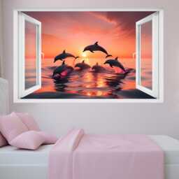 Pod Of Dolphins Sunset Wall Sticker Mural Decal Poster Self-Adhesive Picture Bedroom Nursery Office Home Decor 1280 - thumbnail 3