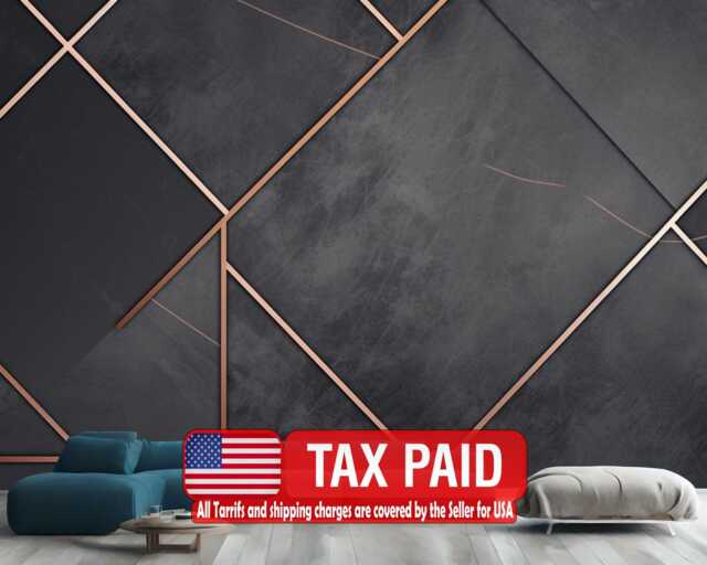Charcoal Gray Marble Rose Gold Geometric Wallpaper Mural, Peel & Stick - image 1