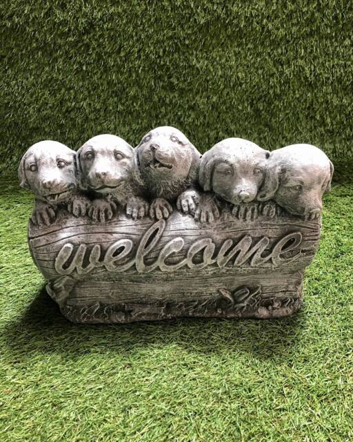 Concrete Puppies Puppy Welcome Sign Outdoor Sculpture Garden Lawn Ornament Frost Protected - image 1