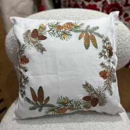 Embroidered Linen Pillow Cover Floral Pinecone Home Decor - 40x40 cm - thumbnail 3