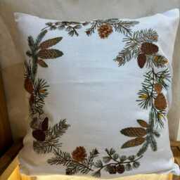 Embroidered Linen Pillow Cover Floral Pinecone Home Decor - 40x40 cm - thumbnail 2