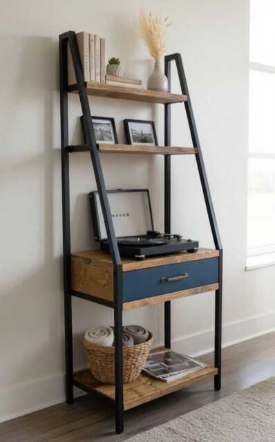 Industrial A Frame Shelving Unit Rustic Wooden Desk With Metal Bookshelf, Tv Stand Bookcase, Loft Workspace Office Furniture - image 1
