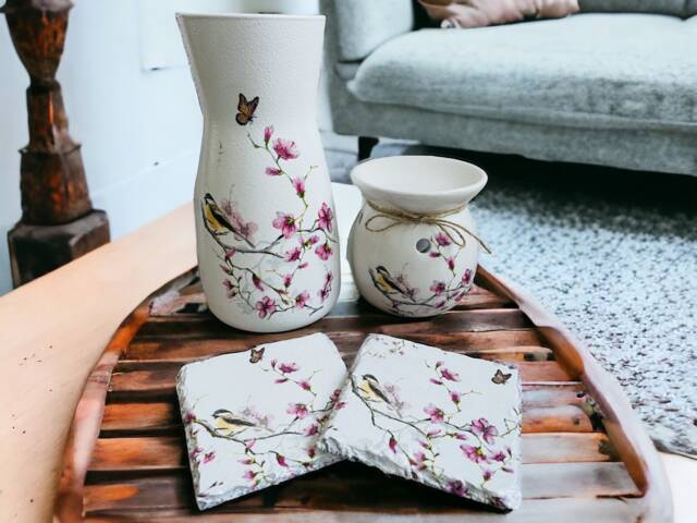 Vintage Bird Gift Set, Floral Vase, Coasters, Wax Melt Burner, Pretty Coasters - image 1