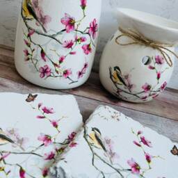 Vintage Bird Gift Set, Floral Vase, Coasters, Wax Melt Burner, Pretty Coasters - thumbnail 3