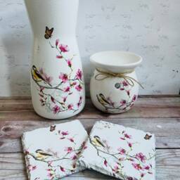Vintage Bird Gift Set, Floral Vase, Coasters, Wax Melt Burner, Pretty Coasters - thumbnail 2