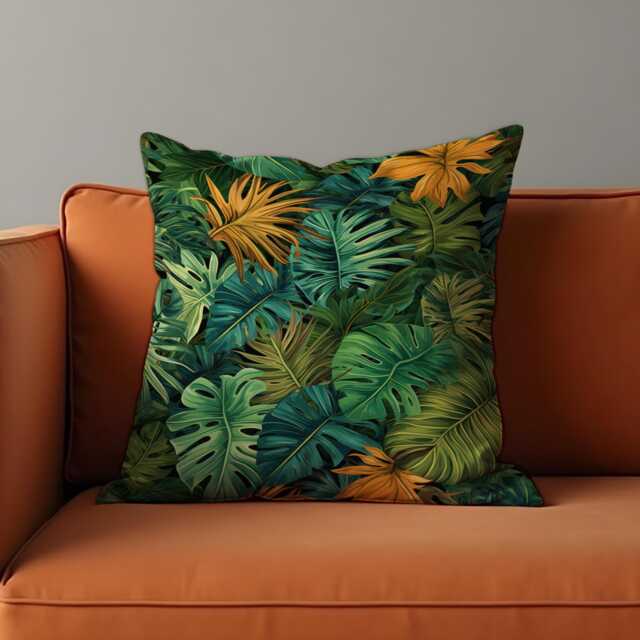 Tropical Leaf Cushion Cover, Green & Mustard Monstera Pillow Case, Exotic Jungle Foliage, Vibrant Botanical Throw Cover - image 1