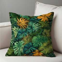 Tropical Leaf Cushion Cover, Green & Mustard Monstera Pillow Case, Exotic Jungle Foliage, Vibrant Botanical Throw Cover - thumbnail 4