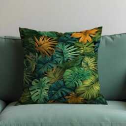 Tropical Leaf Cushion Cover, Green & Mustard Monstera Pillow Case, Exotic Jungle Foliage, Vibrant Botanical Throw Cover - thumbnail 2