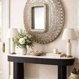 Wooden Peacock Feather Style Antique Finish Silver Wall Big Size Mirror Frame - thumbnail 3