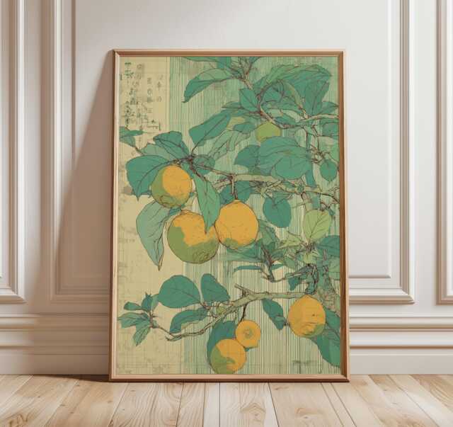 Japanese Lemon Tree Art Print, Botanical Wall Art, Vintage Nature Poster, Green & Yellow Fruit Illustration, Asian Home Decor - image 1