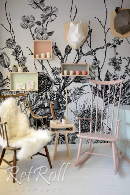 Black Meadow - Removable Wall Mural, Design, Covering, Reusable, Black, Sketch, Nature, Print, White, Fashion, Repeat, Subtle #87 - image 1